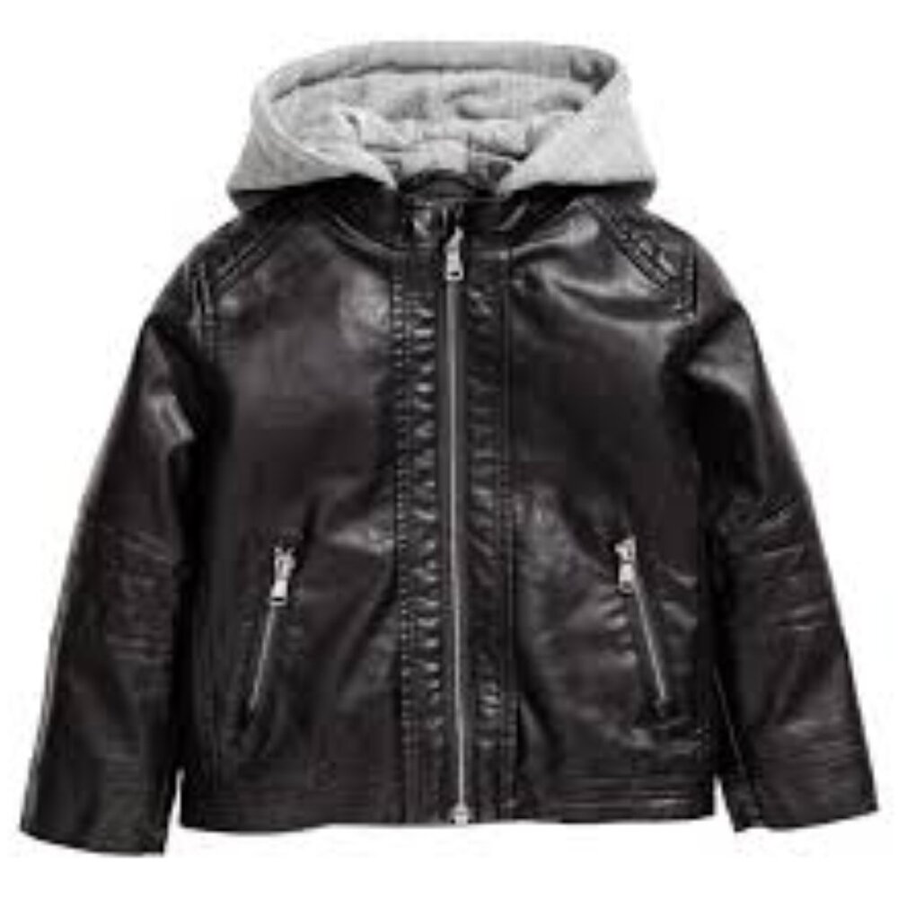 H&M Vegan Faux Leather Black Biker Jacket Gray Detachable Hood Toddler 4T 4 YRS